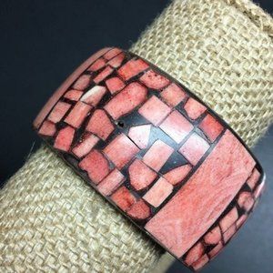 Fiesta Wide Bangle Bracelet Pink Inlaid Shell Gold